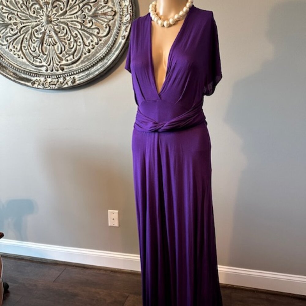 NWT POLY-USA PURPLE TWIST AND TIE LONG CONVERTIBLE JERSEY DRESS.